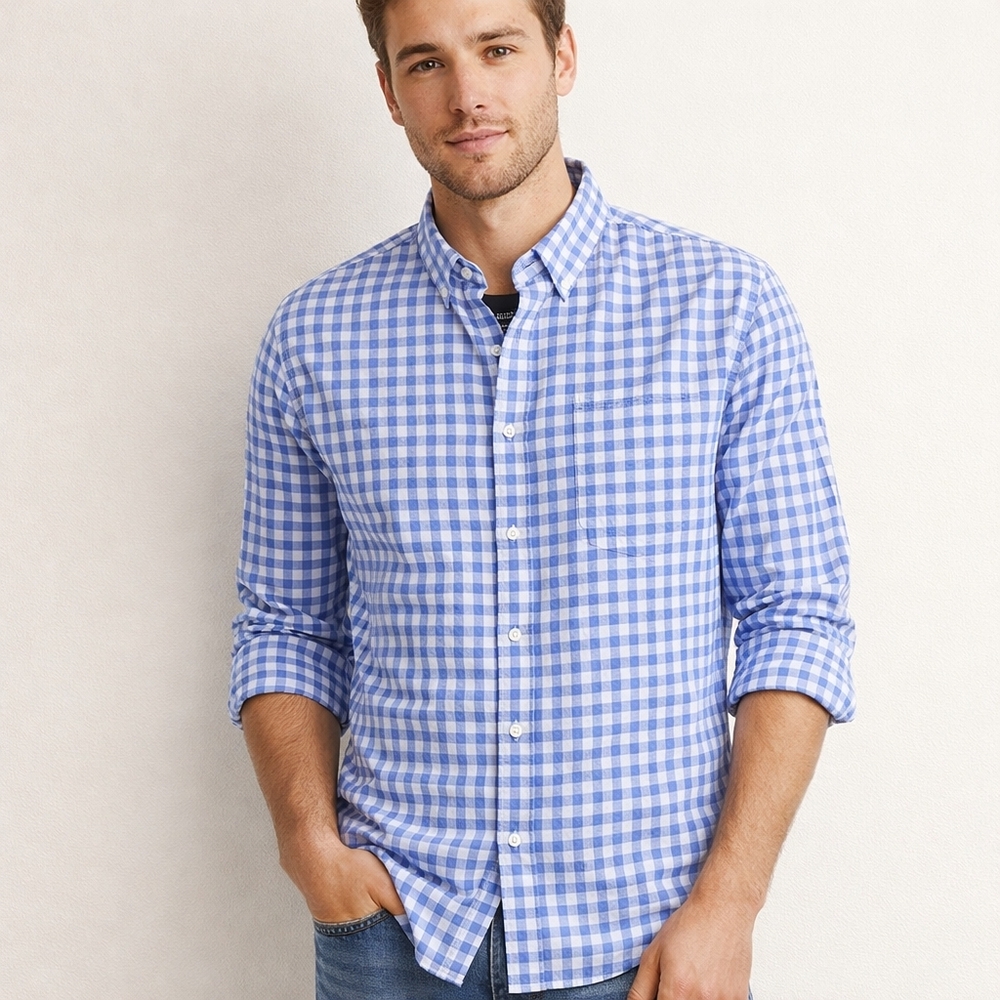 J.Crew Slim Fit Gingham Button Down‎ Shirt Mens XXL Blue White Preppy Collar